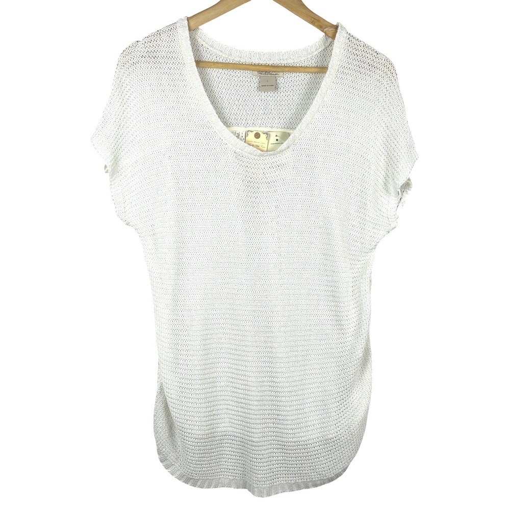 NWT Lucky Brand Women Open Knit Scoop Short Sleeve Top Sz L White Eyelet Lace